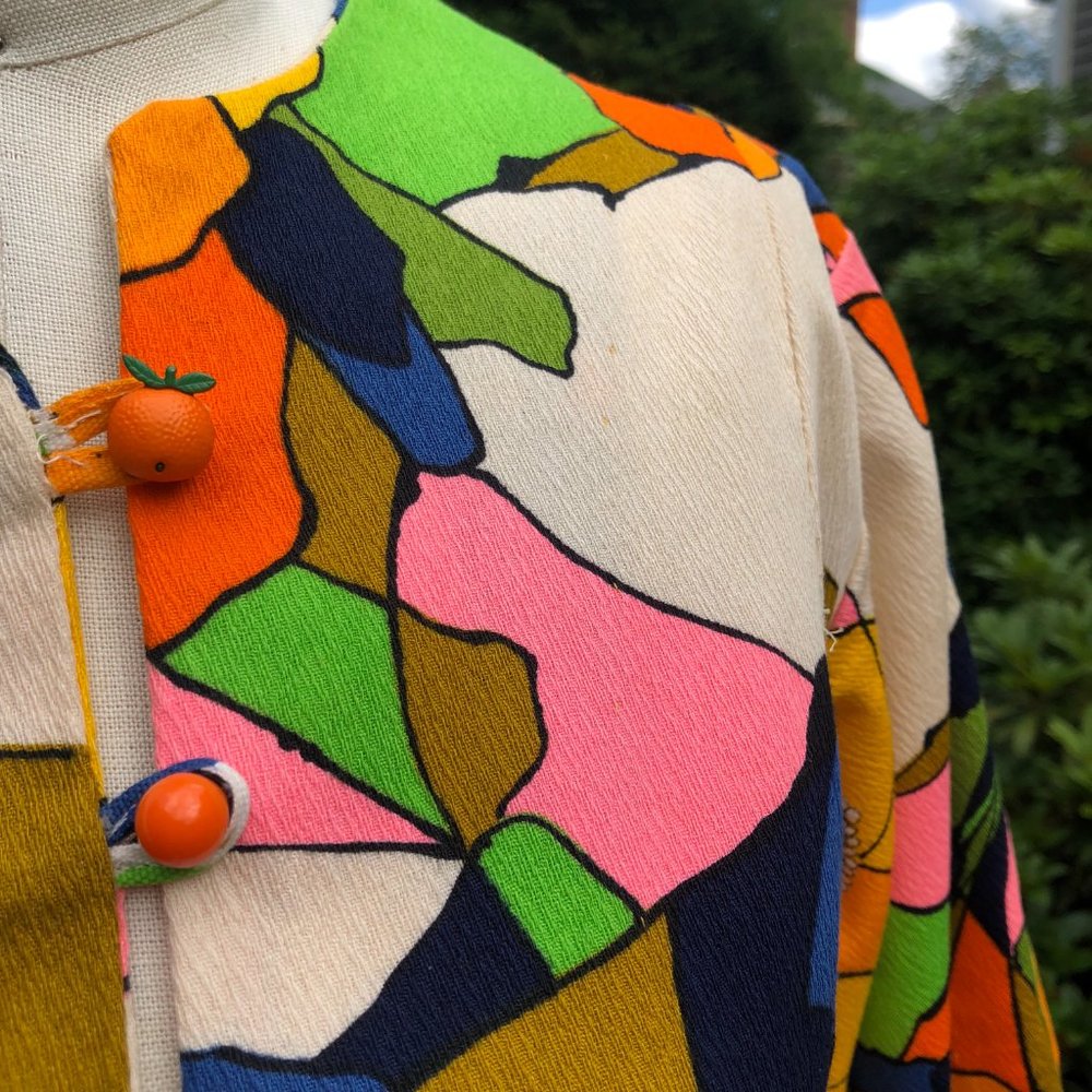 Vintage 60s/70s Psychedelic Floral Citrus Fruit Flower Power Hostess Maxi Dress - Picture 7 of 16